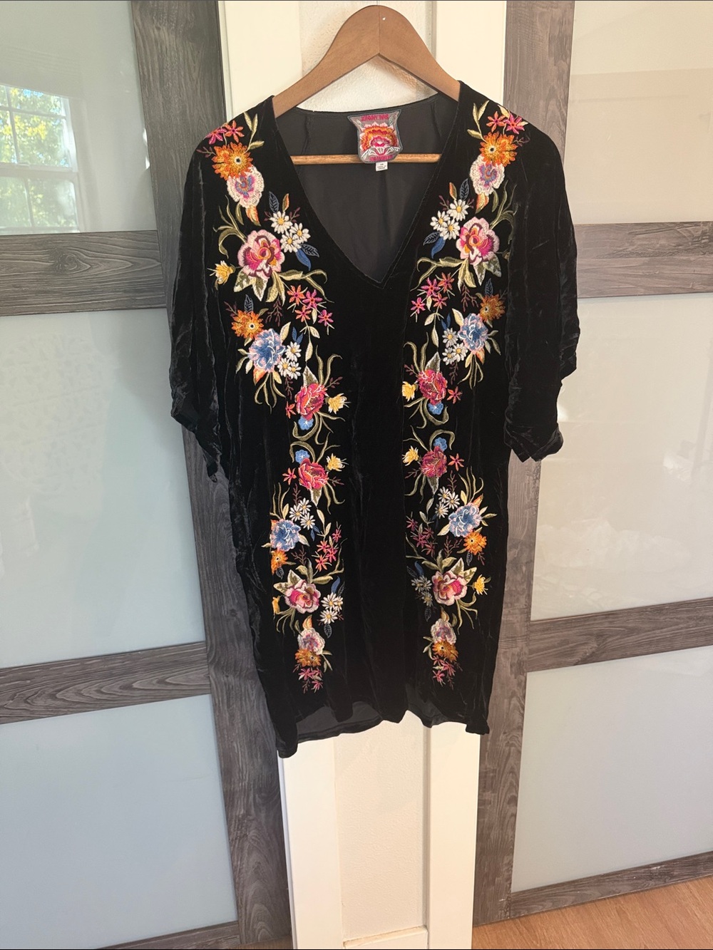 Johnny Was-Black Velvet Embroidered V-Neck Tunic Top